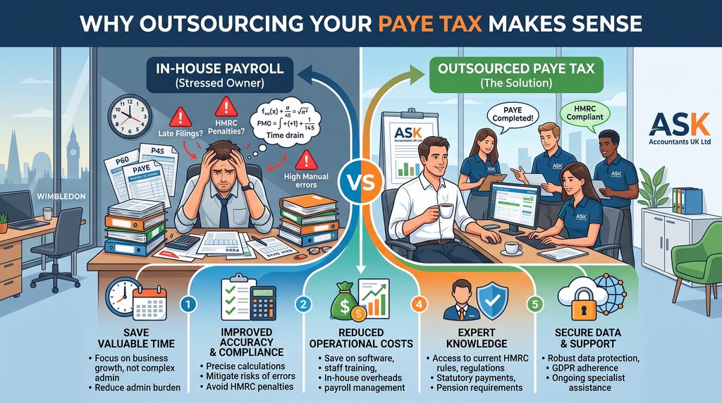 A detailed infographic comparing in-house payroll for a stressed small business owner in Wimbledon with efficient outsourced PAYE tax solutions from ASK Accountants UK Ltd. The image, titled "WHY OUTSOURCING YOUR PAYE TAX MAKES SENSE," shows a contrasting visual comparison and five key benefits. On the left, a frustrated owner is surrounded by stacks of paper (PAYE, P60, P45) and red alert flags for "Late Filings?", "HMRC Penalties?", and "Time drain," illustrating the stress of managing payroll manually in-house. On the right, the same owner is relaxing with a drink while a professional team of four accounting experts from ASK Accountants UK Ltd works happily and efficiently on computers, displaying messages like "PAYE Completed!" and "HMRC Compliant." A large "VS" (Versus) icon is centered between the two scenarios. Five separate panels at the bottom detail the advantages of outsourcing PAYE tax: 1) SAVE VALUABLE TIME (focus on business growth, reduce administrative burden); 2) IMPROVED ACCURACY & COMPLIANCE (precise calculations, mitigate risk of errors, avoid HMRC penalties); 3) REDUCED OPERATIONAL COSTS (save on software, staff training, and overheads); 4) EXPERT KNOWLEDGE (access current HMRC rules, statutory payments, and pension requirements); 5) SECURE DATA & SUPPORT (robust data protection, GDPR adherence, and ongoing specialist assistance).;