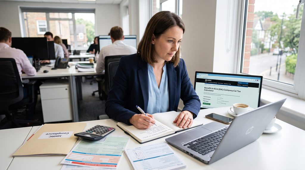 A UK SME owner managing a step-by-step Company Car Tax workflow and HMRC Benefit-in-Kind calculations on a laptop.