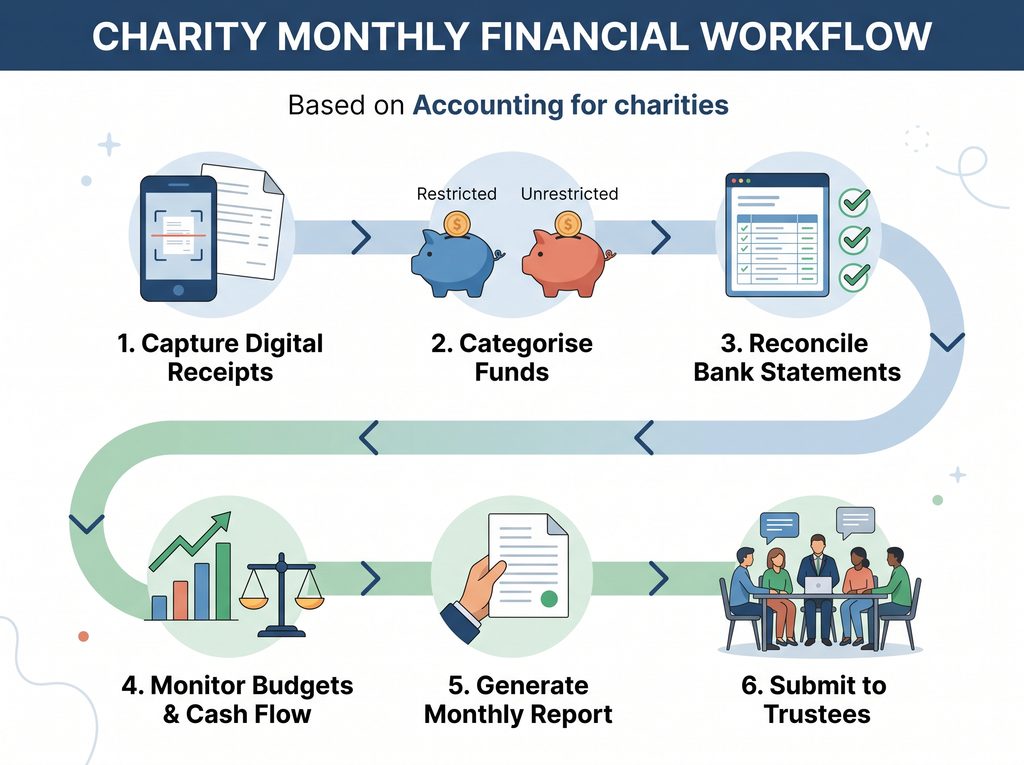A step-by-step workflow showing proper accounting for charities and regular reporting procedures.