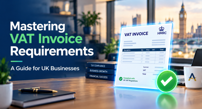Featured image for a UK business guide on VAT invoice requirements showing a compliant digital invoice and professional overlay text.
