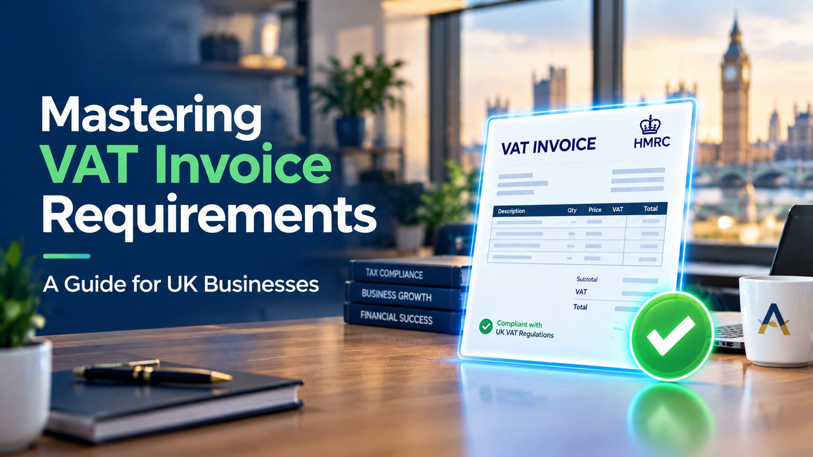 Featured image for a UK business guide on VAT invoice requirements showing a compliant digital invoice and professional overlay text.