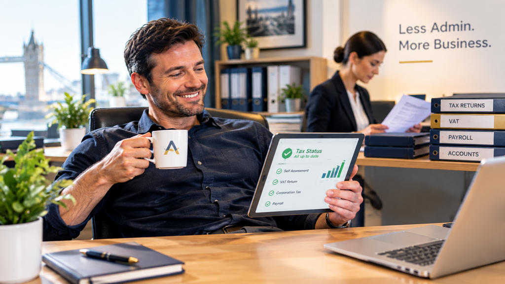 A relaxed UK small business owner reviewing a digital accounting dashboard, showing how outsourcing VAT invoice requirements to a professional accountant reduces administrative burden.