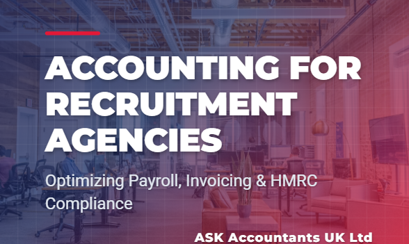 Accounting for recruitment agencies: A modern office scene with navy blue and red corporate branding, representing expert HMRC compliance, payroll management, and financial advisory services by ASK Accountants UK Ltd.