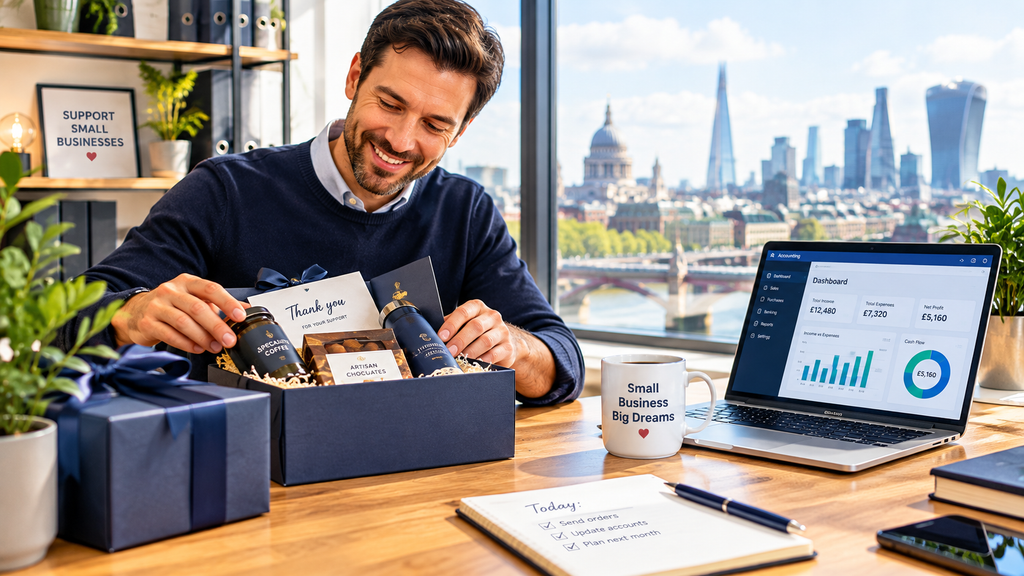 UK small business owner reviewing business gifts tax rules while preparing branded client presents.