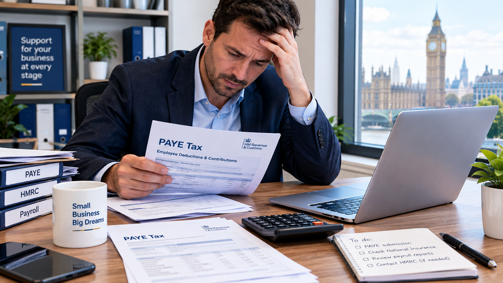 A stressed UK business owner reviewing PAYE Tax documents at a desk with a laptop and calculator.