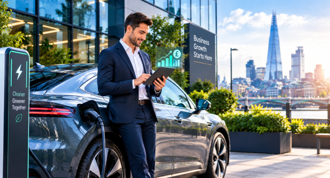 A UK SME owner standing next to an electric company car outside a modern office, reviewing tax savings on a tablet.
