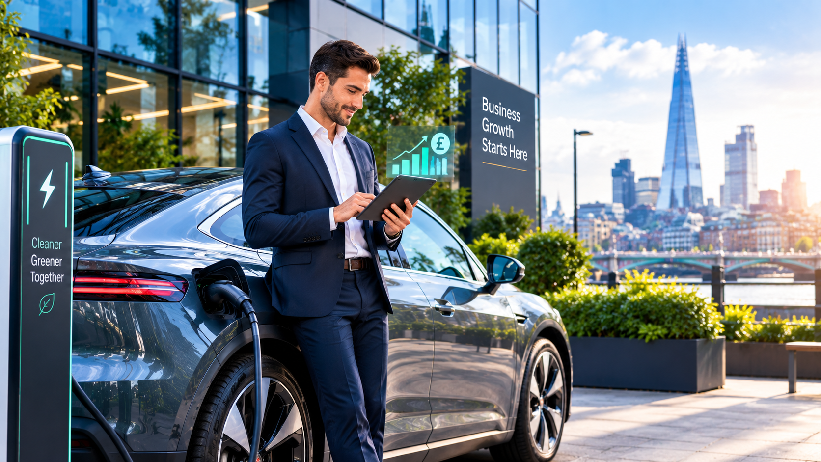 A UK SME owner standing next to an electric company car outside a modern office, reviewing tax savings on a tablet.