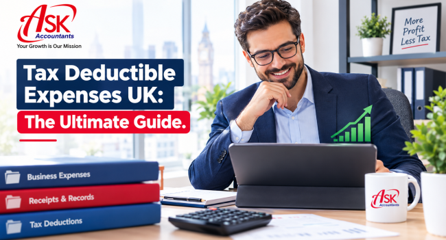 Confident small business owner reviewing Tax Deductible Expenses UK on a laptop, representing tax compliance and savings with ASK Accountants UK Ltd.