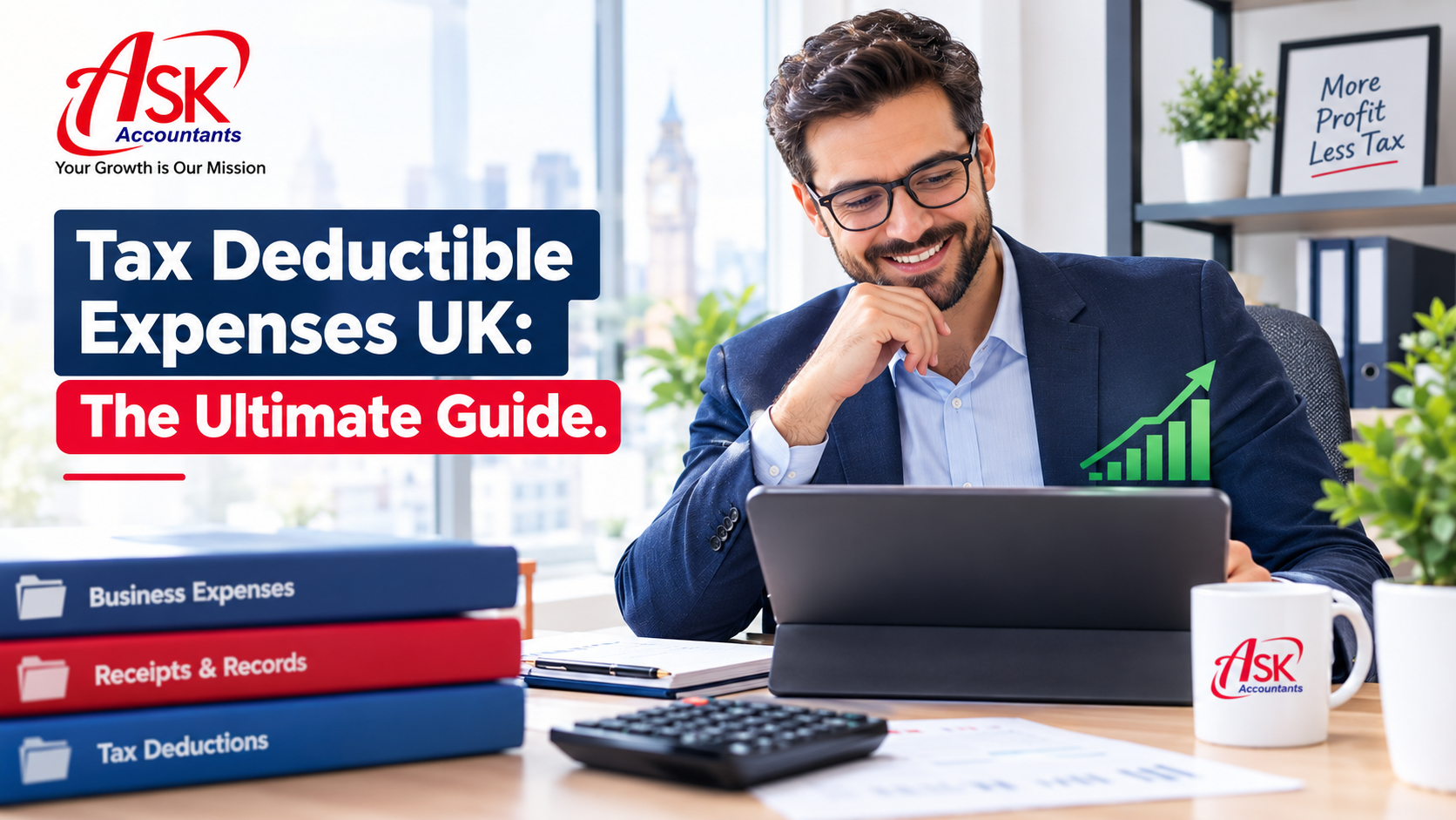 Confident small business owner reviewing Tax Deductible Expenses UK on a laptop, representing tax compliance and savings with ASK Accountants UK Ltd.